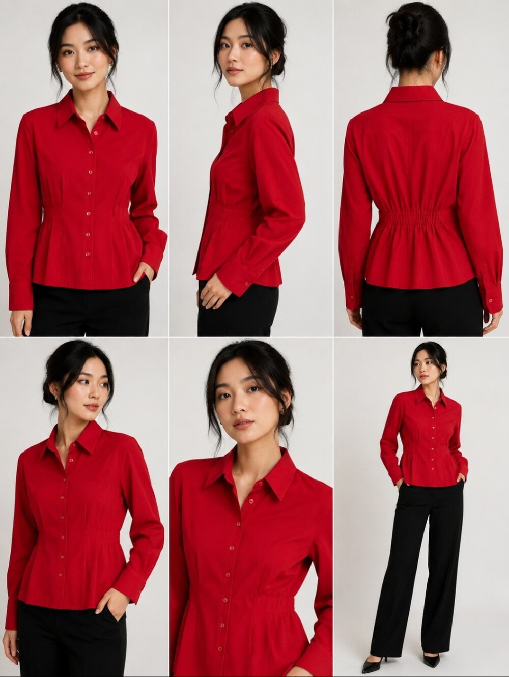 STAUD Red Structured Button Front Blouse Sz S Statement Collar Cinched Waist Top